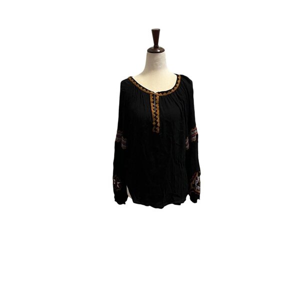 Forever 21 LARGE Black Embroidered Boho Peasant Blouse Womens Long Sleeve Top - Picture 7 of 7